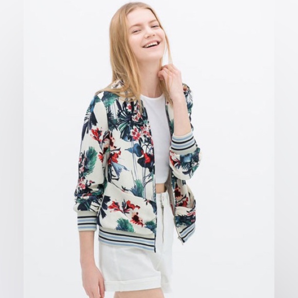 Zara Tropical Printed Bomber Jacket